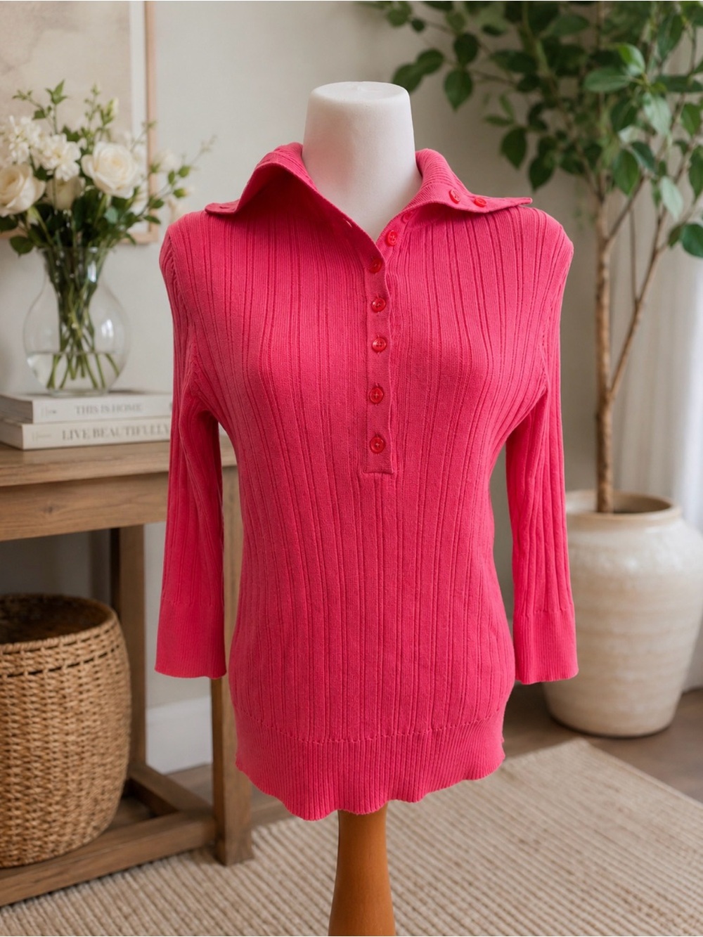 Kim Rogers Ribbed V-Neck Polo button up Sweater in Bright Pink size small